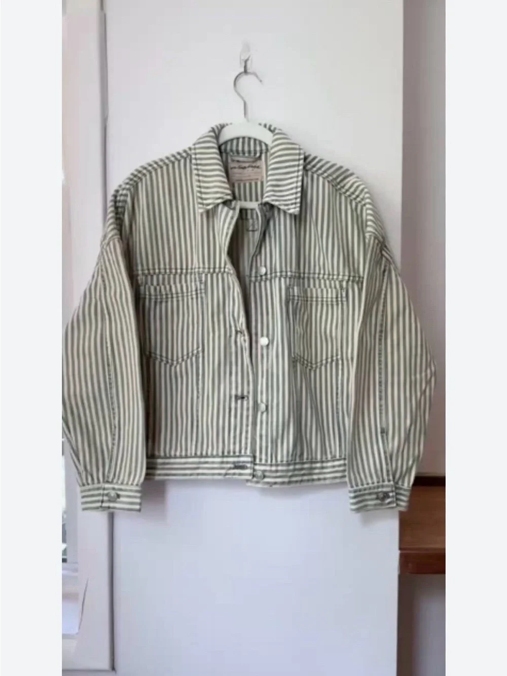 Free People Striped Cotton Jean Jacket in Green and White - Picture 1 of 2